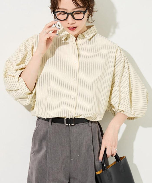 條紋 蝙蝠袖 短款襯衫