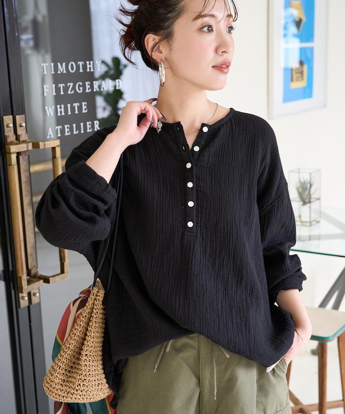 印度雙層紗 Henley紐扣 長袖 上衣