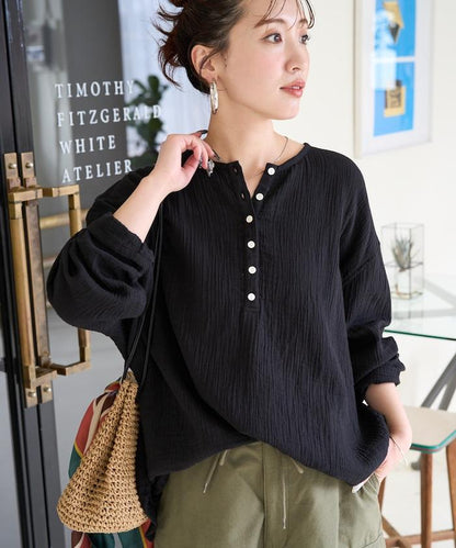 印度雙層紗 Henley紐扣 長袖 上衣