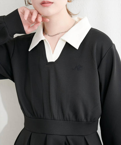 帶領開襟拼色上衣