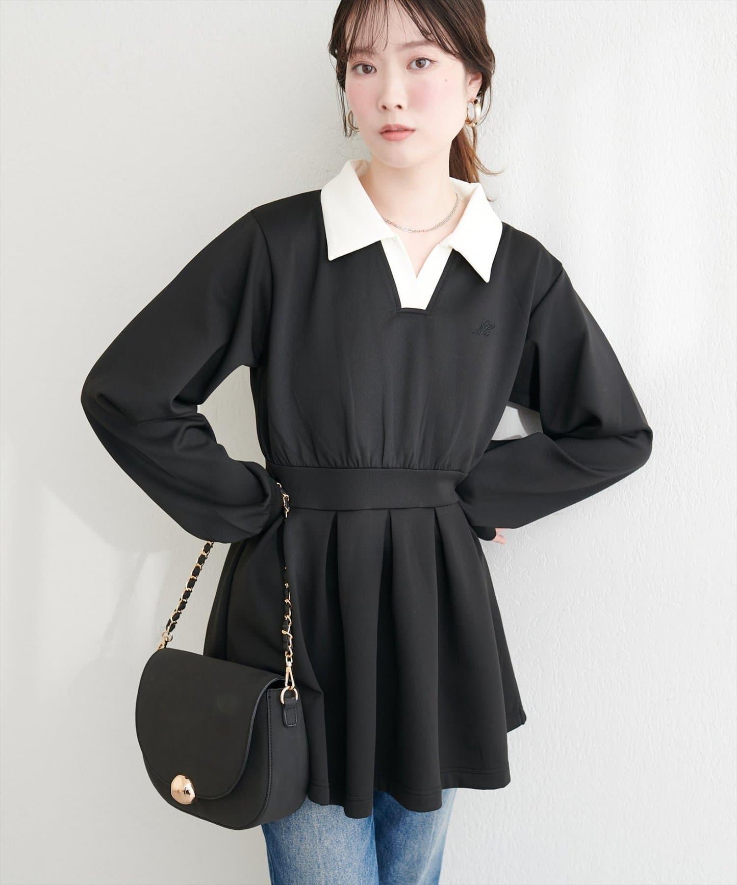 帶領開襟拼色上衣