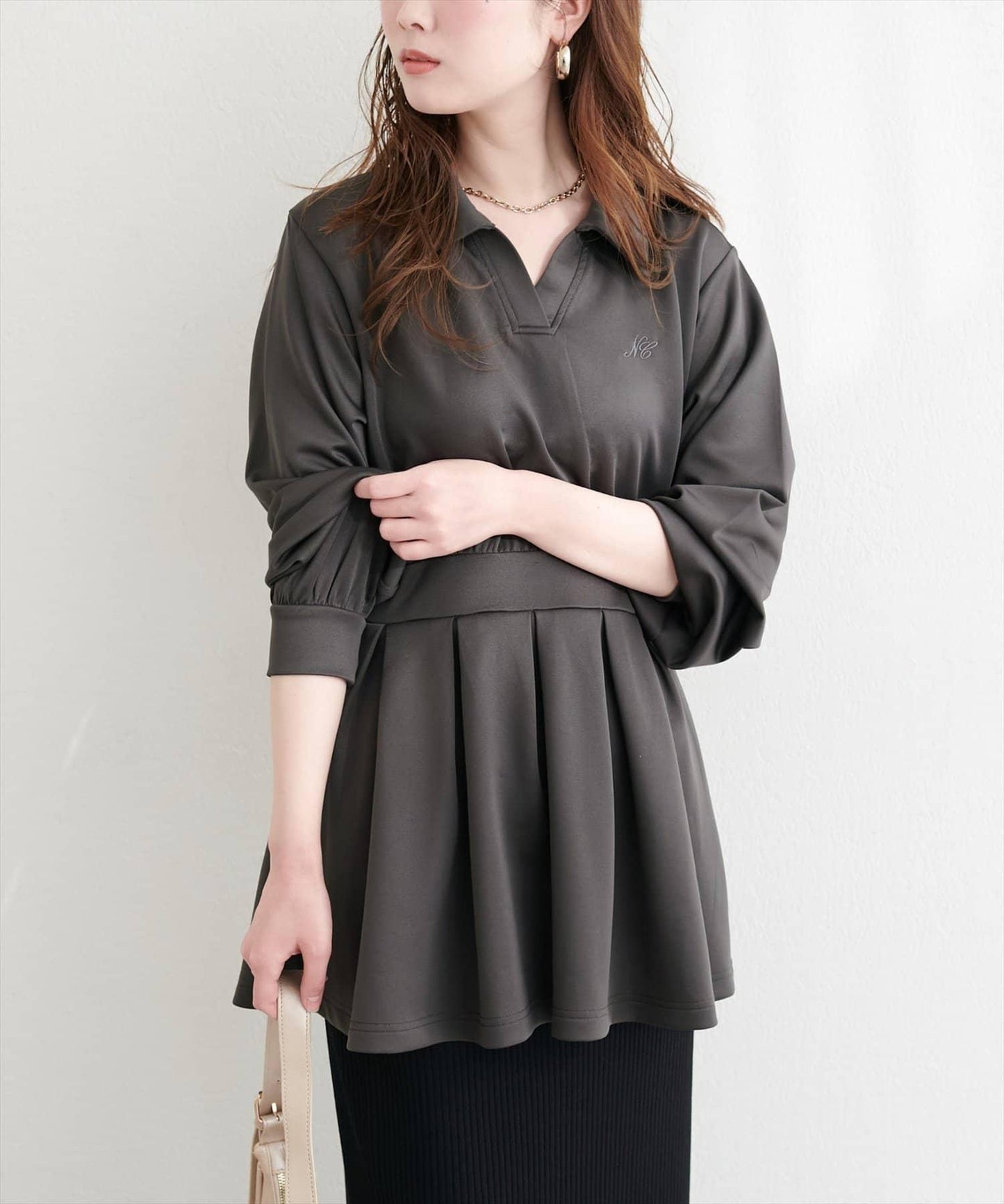 帶領開襟拼色上衣