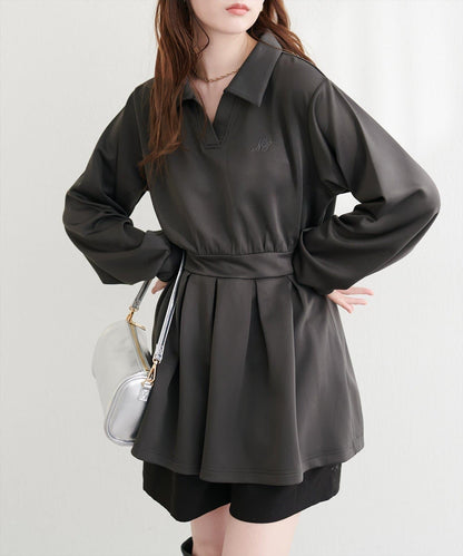 帶領開襟拼色上衣