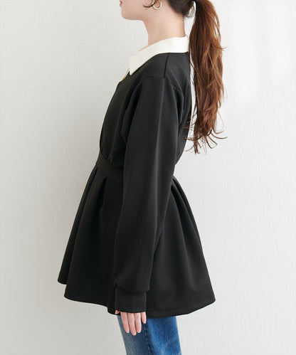 帶領開襟拼色上衣