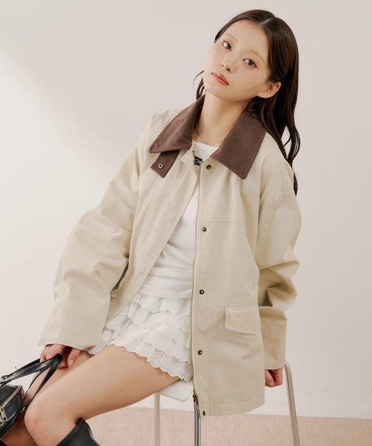 配色領口拉鍊寬鬆夾克