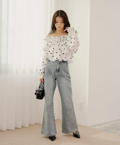 一字肩兩穿 波點荷葉邊 襯衫