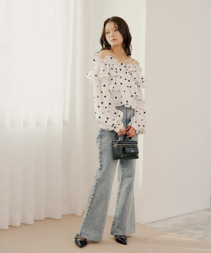一字肩兩穿 波點荷葉邊 襯衫