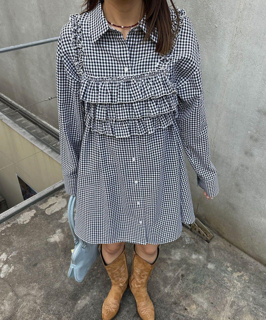 格紋荷葉邊 背心組合 襯衫套裝