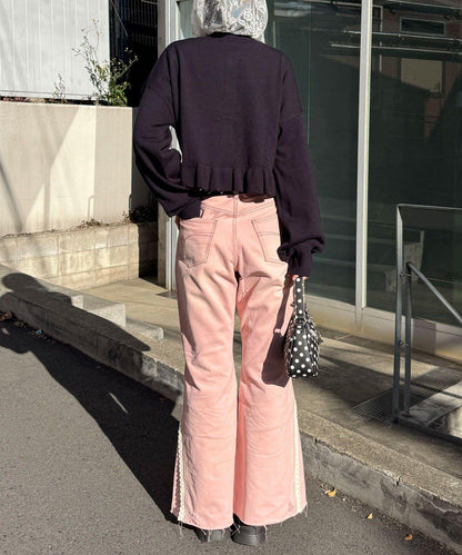 蕾絲省褶喇叭牛仔褲