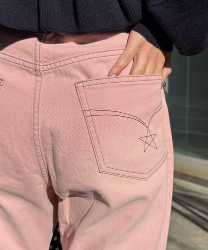 蕾絲省褶喇叭牛仔褲