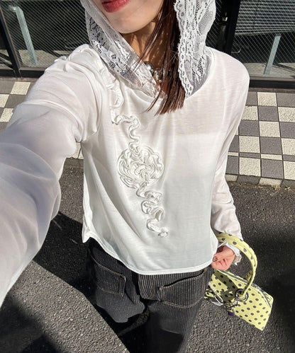 玫瑰荷葉蕾絲連帽薄紗上衣