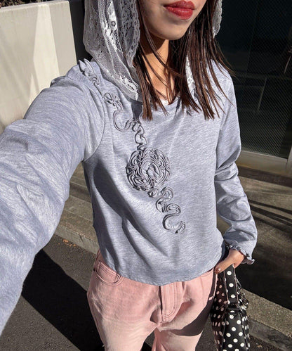 玫瑰荷葉蕾絲連帽薄紗上衣