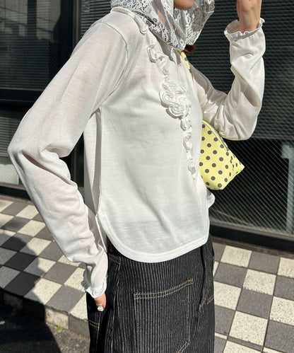 玫瑰荷葉蕾絲連帽薄紗上衣