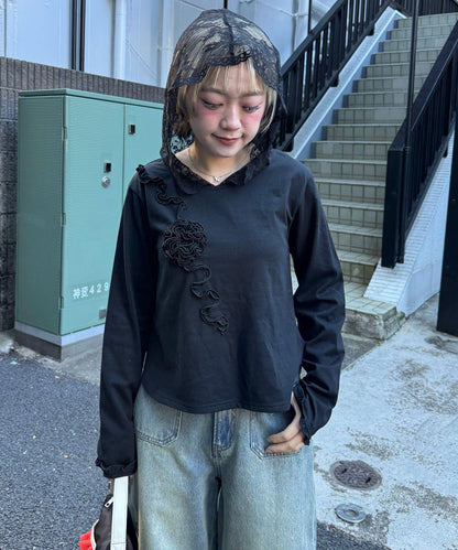 玫瑰荷葉蕾絲連帽薄紗上衣