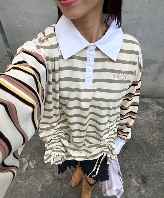 拼色條紋抽褶橄欖球衫
