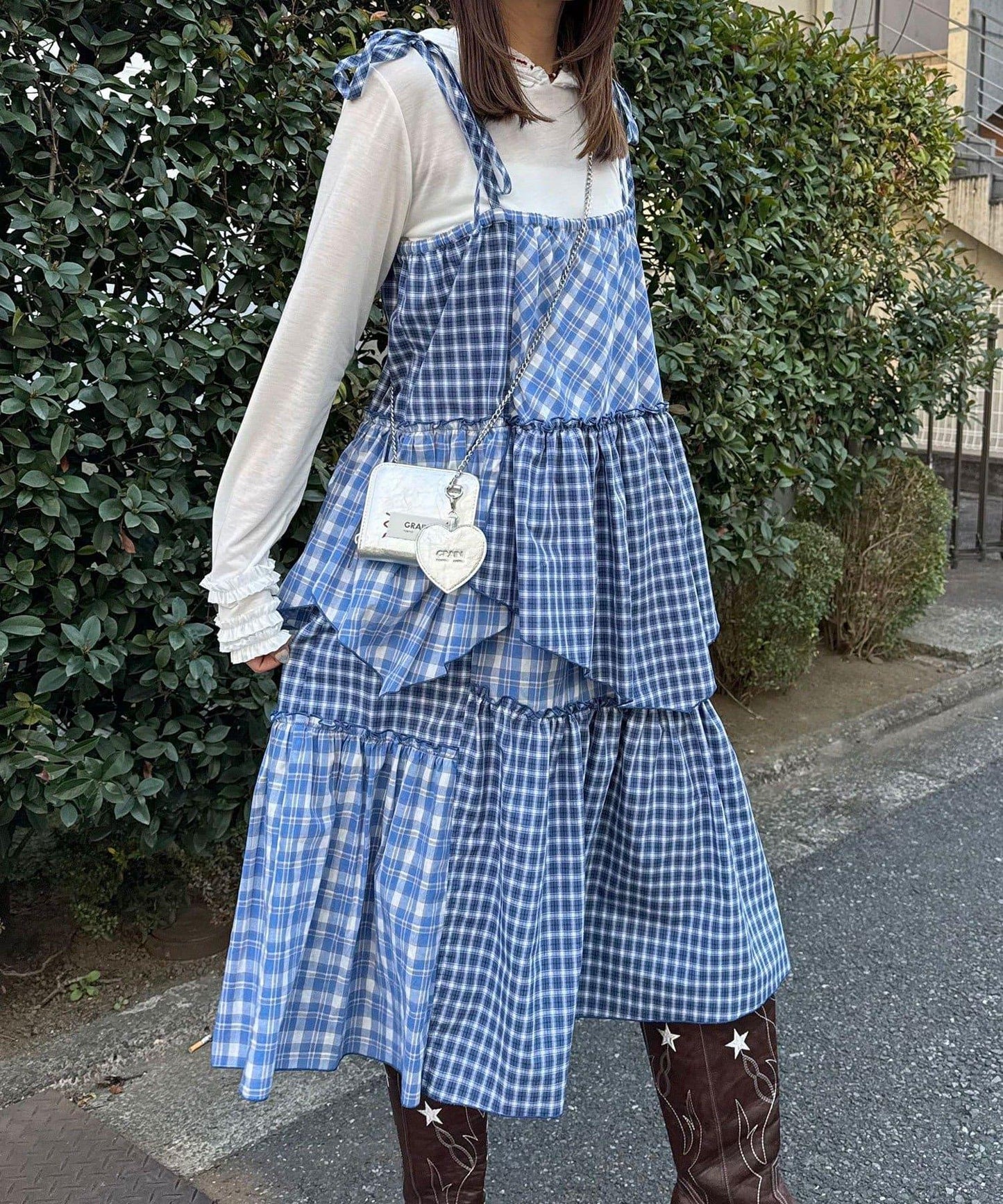 2WAY兩穿 混色格紋 階梯設計 吊帶連衣裙/半身裙