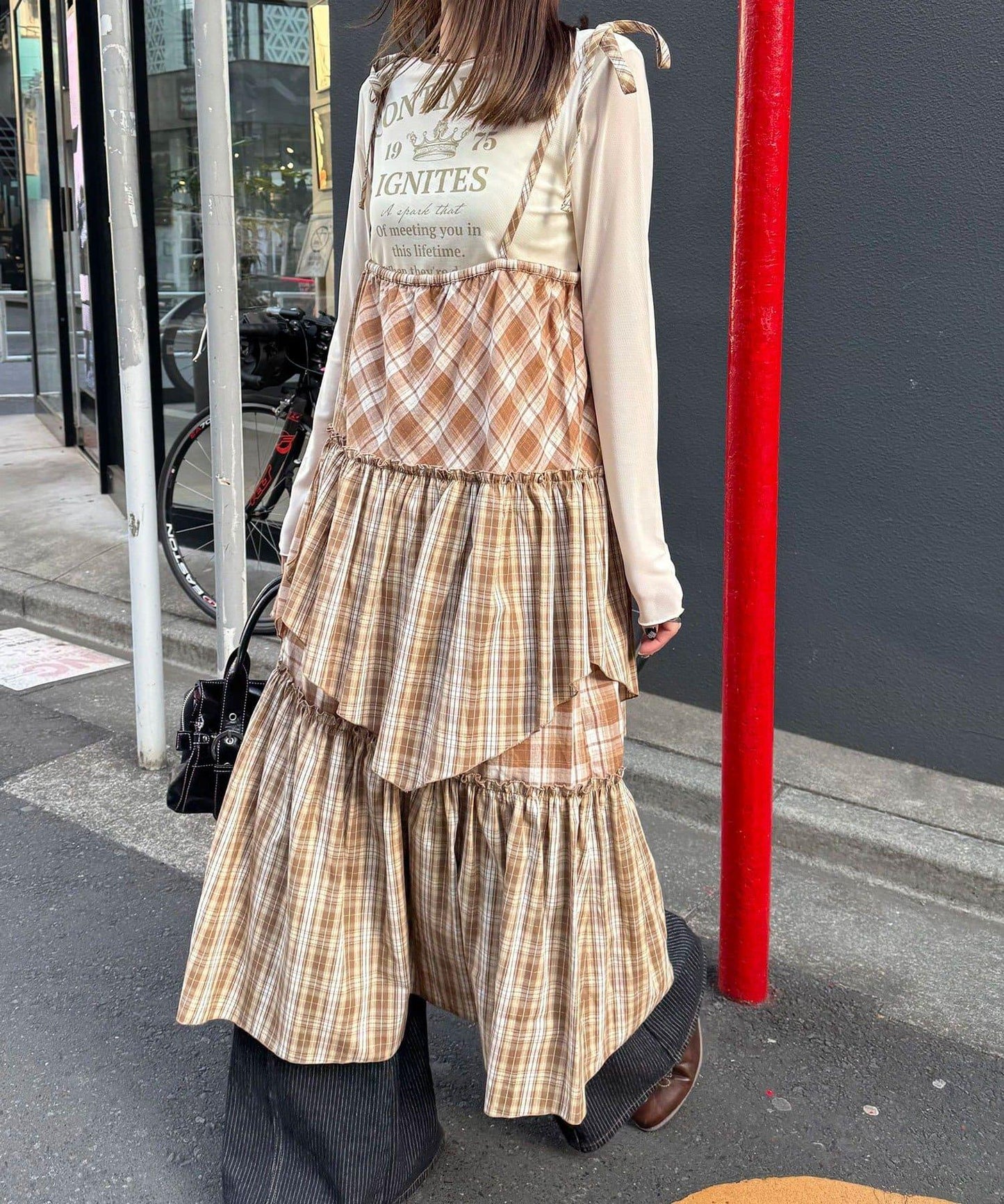 2WAY兩穿 混色格紋 階梯設計 吊帶連衣裙/半身裙