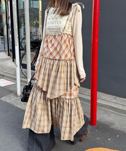 2WAY兩穿 混色格紋 階梯設計 吊帶連衣裙/半身裙
