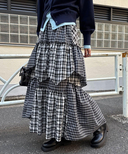 2WAY兩穿 混色格紋 階梯設計 吊帶連衣裙/半身裙