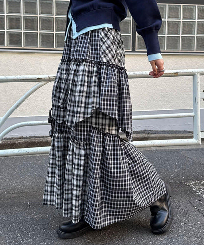 2WAY兩穿 混色格紋 階梯設計 吊帶連衣裙/半身裙