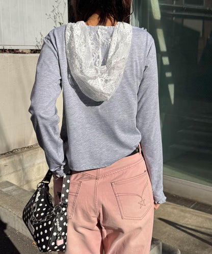 玫瑰荷葉蕾絲連帽薄紗上衣