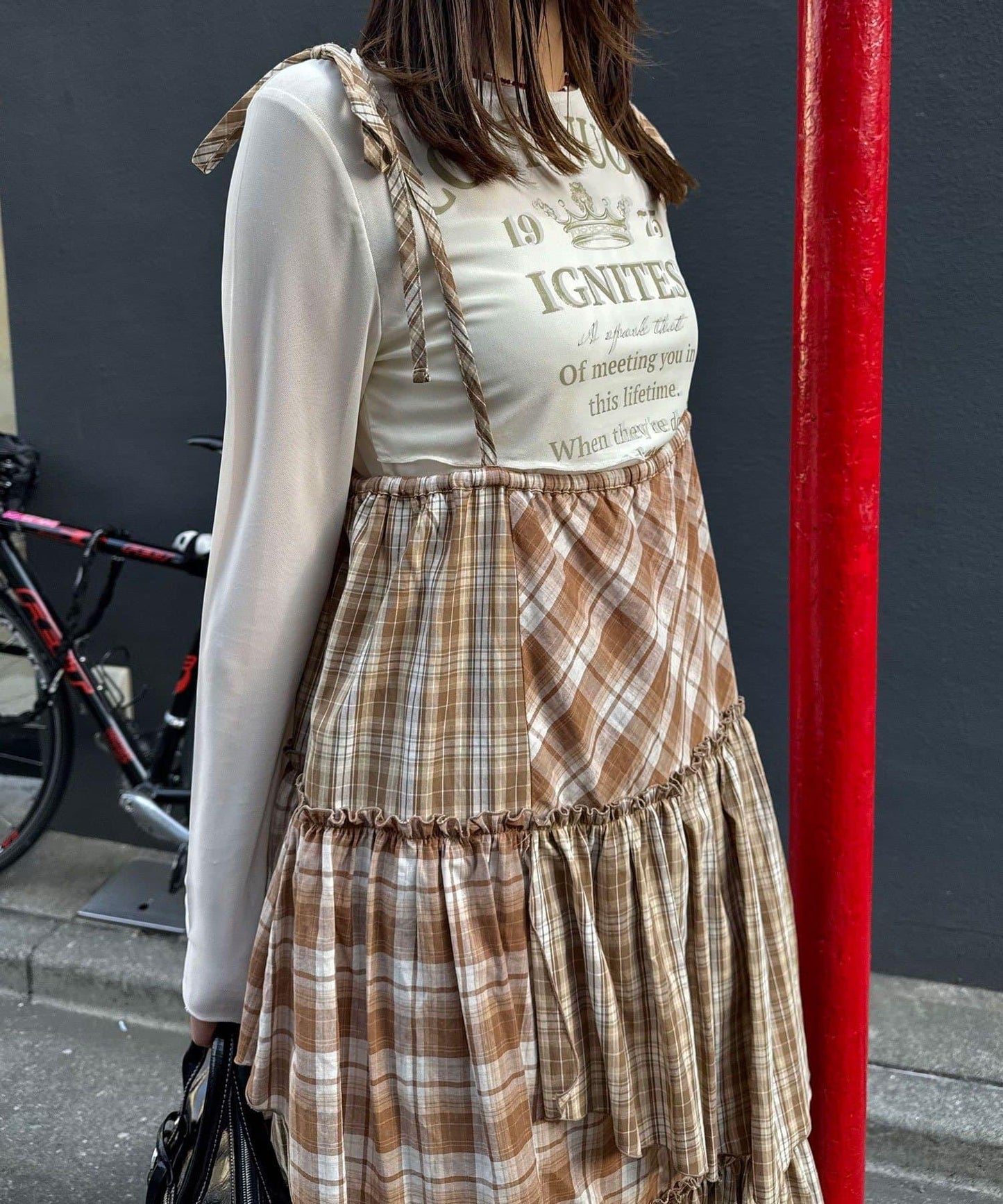 2WAY兩穿 混色格紋 階梯設計 吊帶連衣裙/半身裙