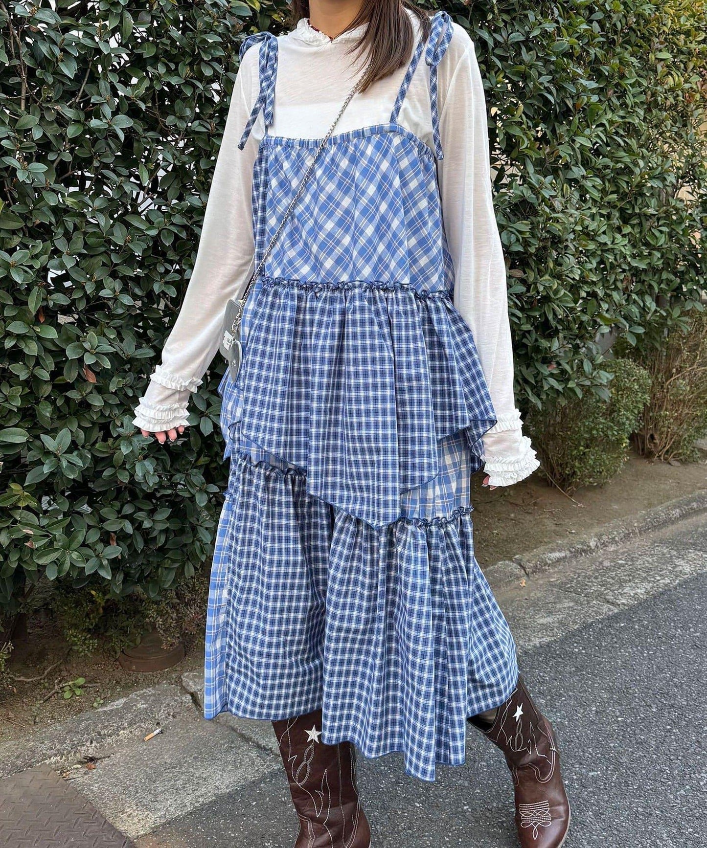2WAY兩穿 混色格紋 階梯設計 吊帶連衣裙/半身裙