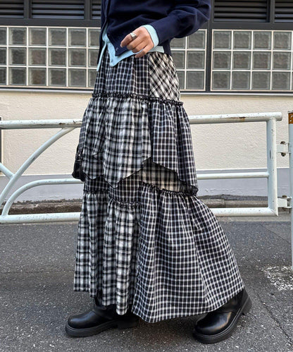 2WAY兩穿 混色格紋 階梯設計 吊帶連衣裙/半身裙