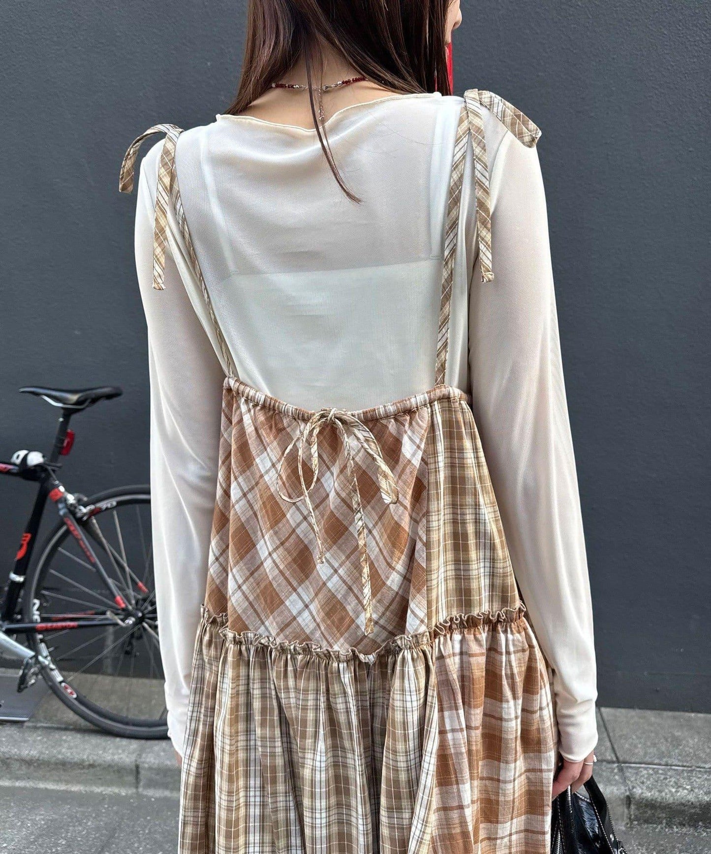 2WAY兩穿 混色格紋 階梯設計 吊帶連衣裙/半身裙
