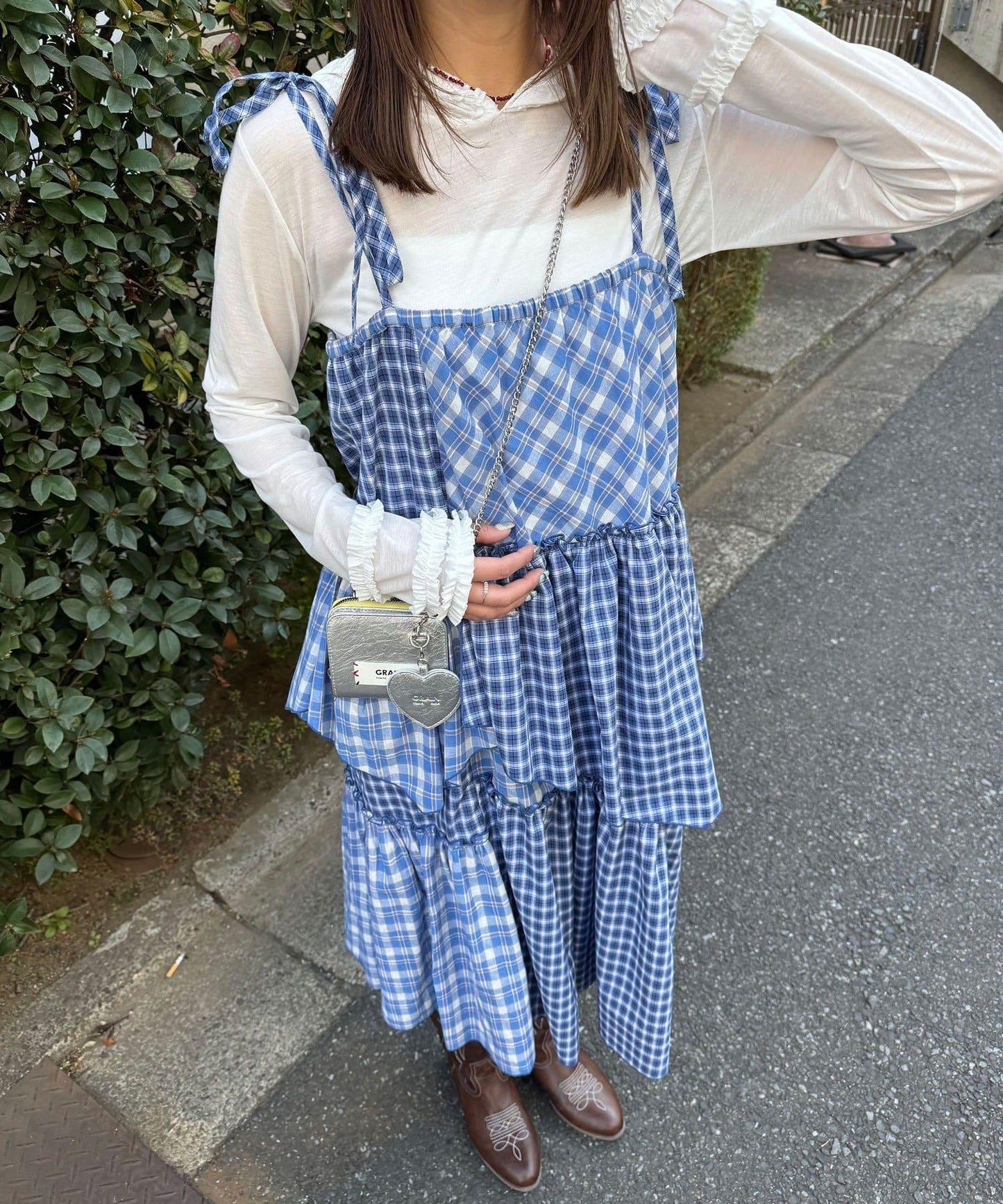 2WAY兩穿 混色格紋 階梯設計 吊帶連衣裙/半身裙