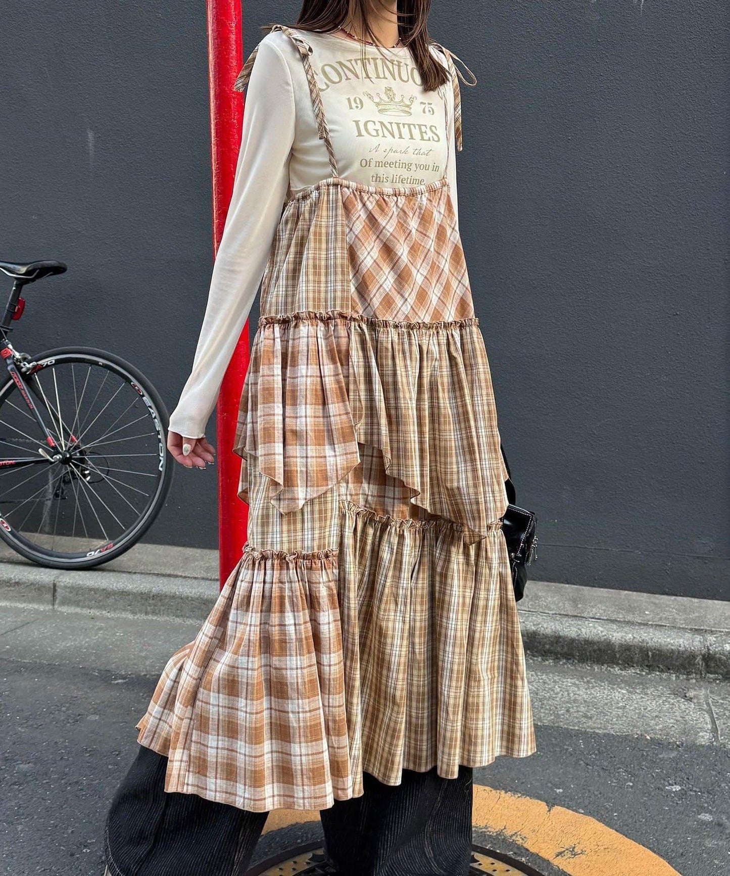 2WAY兩穿 混色格紋 階梯設計 吊帶連衣裙/半身裙