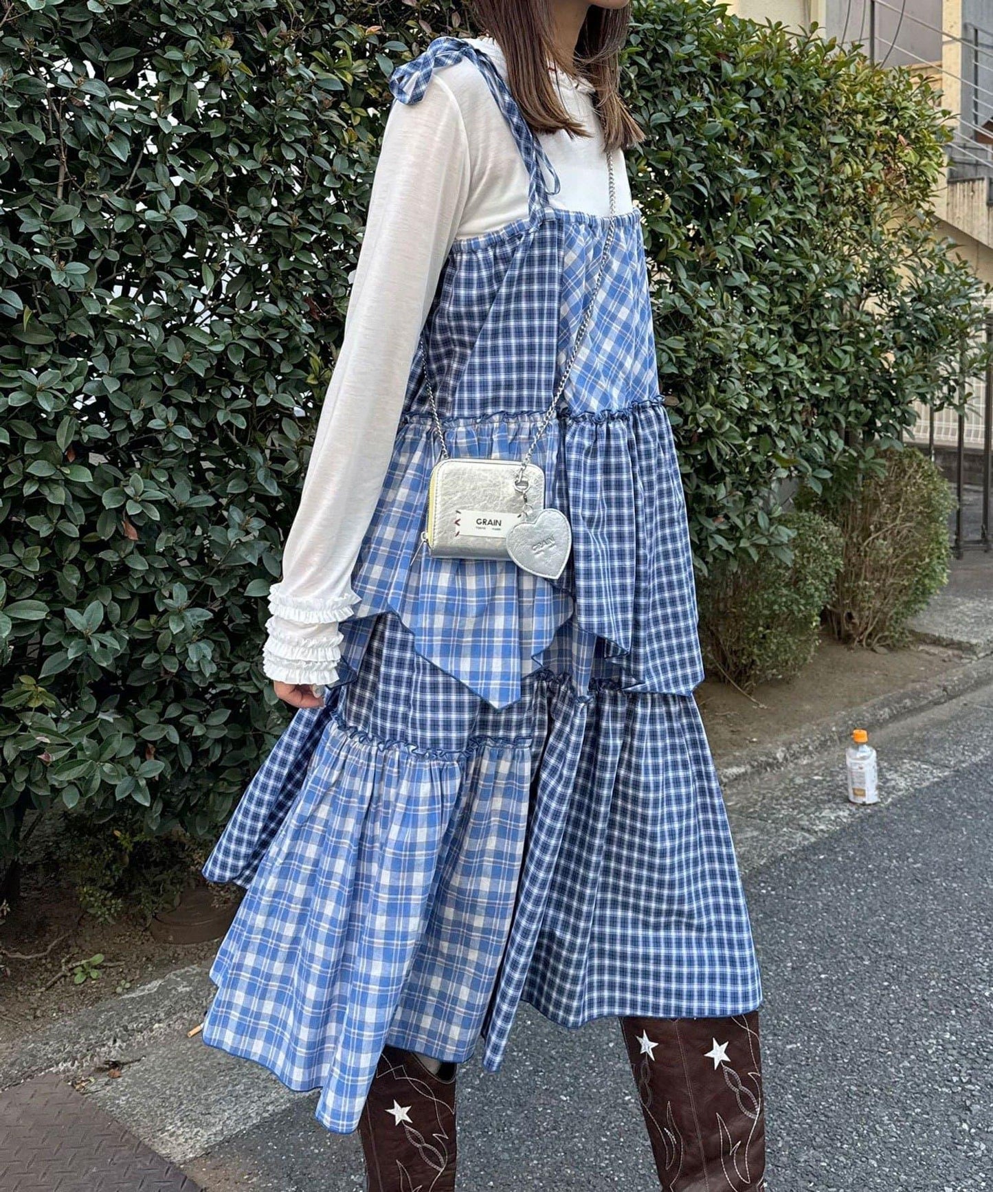 2WAY兩穿 混色格紋 階梯設計 吊帶連衣裙/半身裙