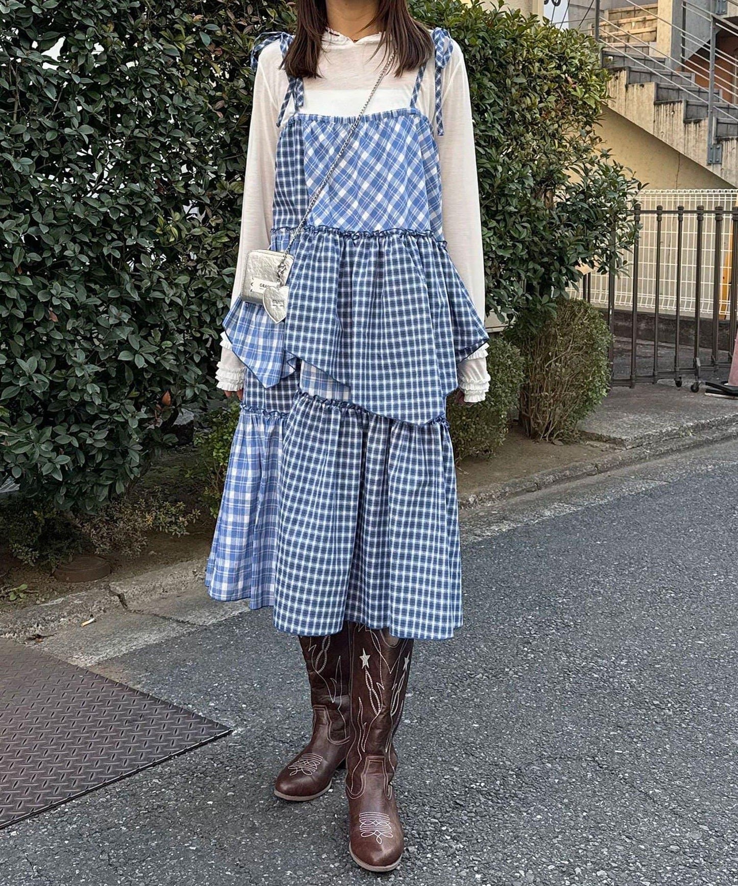 2WAY兩穿 混色格紋 階梯設計 吊帶連衣裙/半身裙