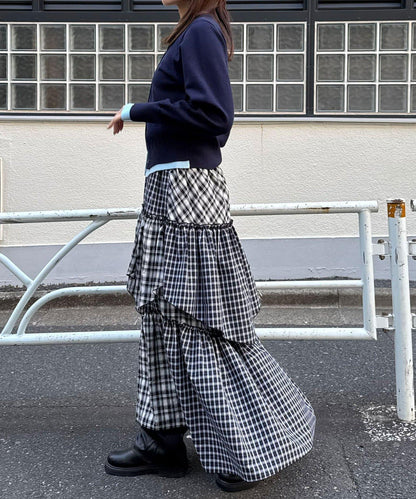 2WAY兩穿 混色格紋 階梯設計 吊帶連衣裙/半身裙