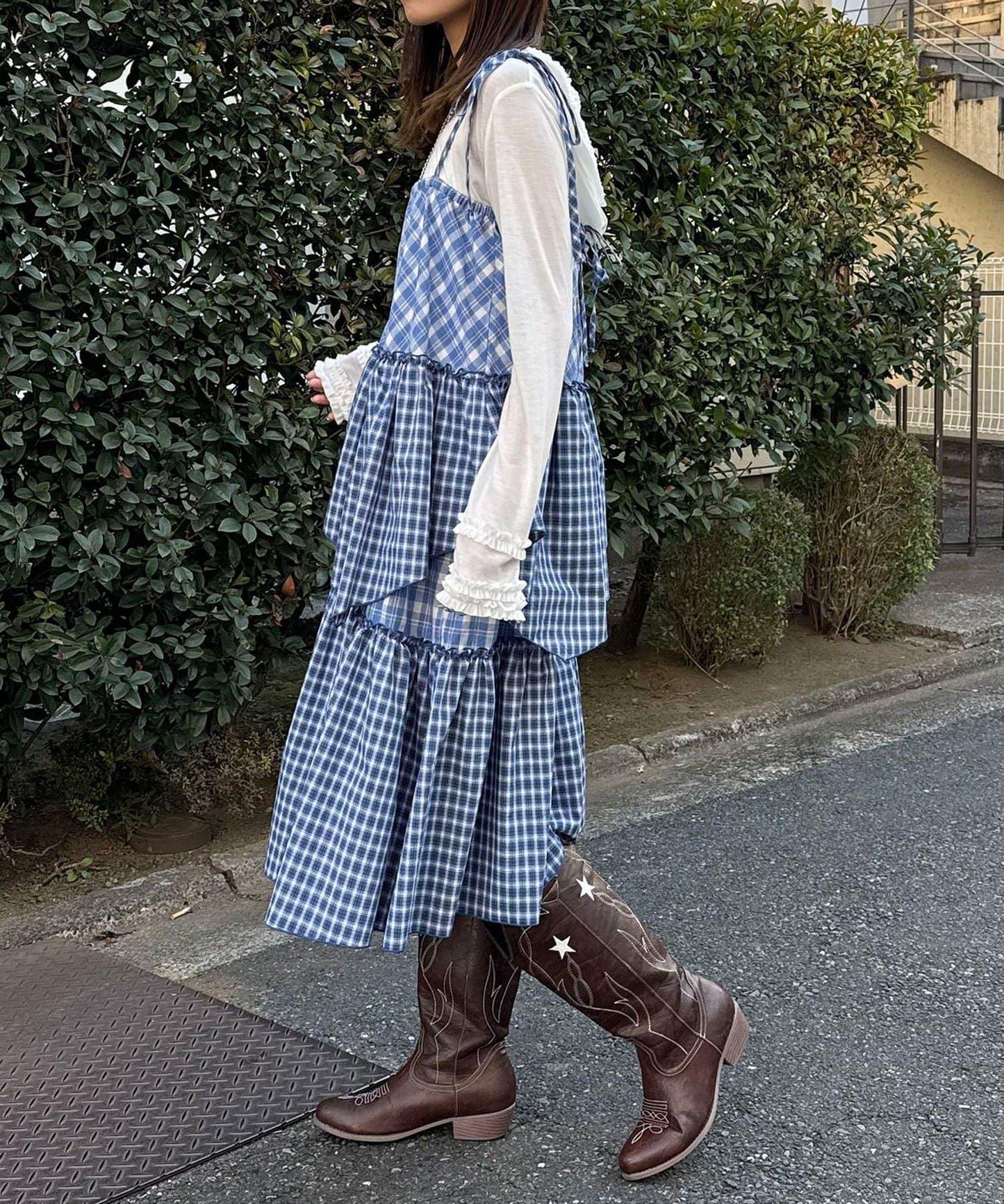 2WAY兩穿 混色格紋 階梯設計 吊帶連衣裙/半身裙