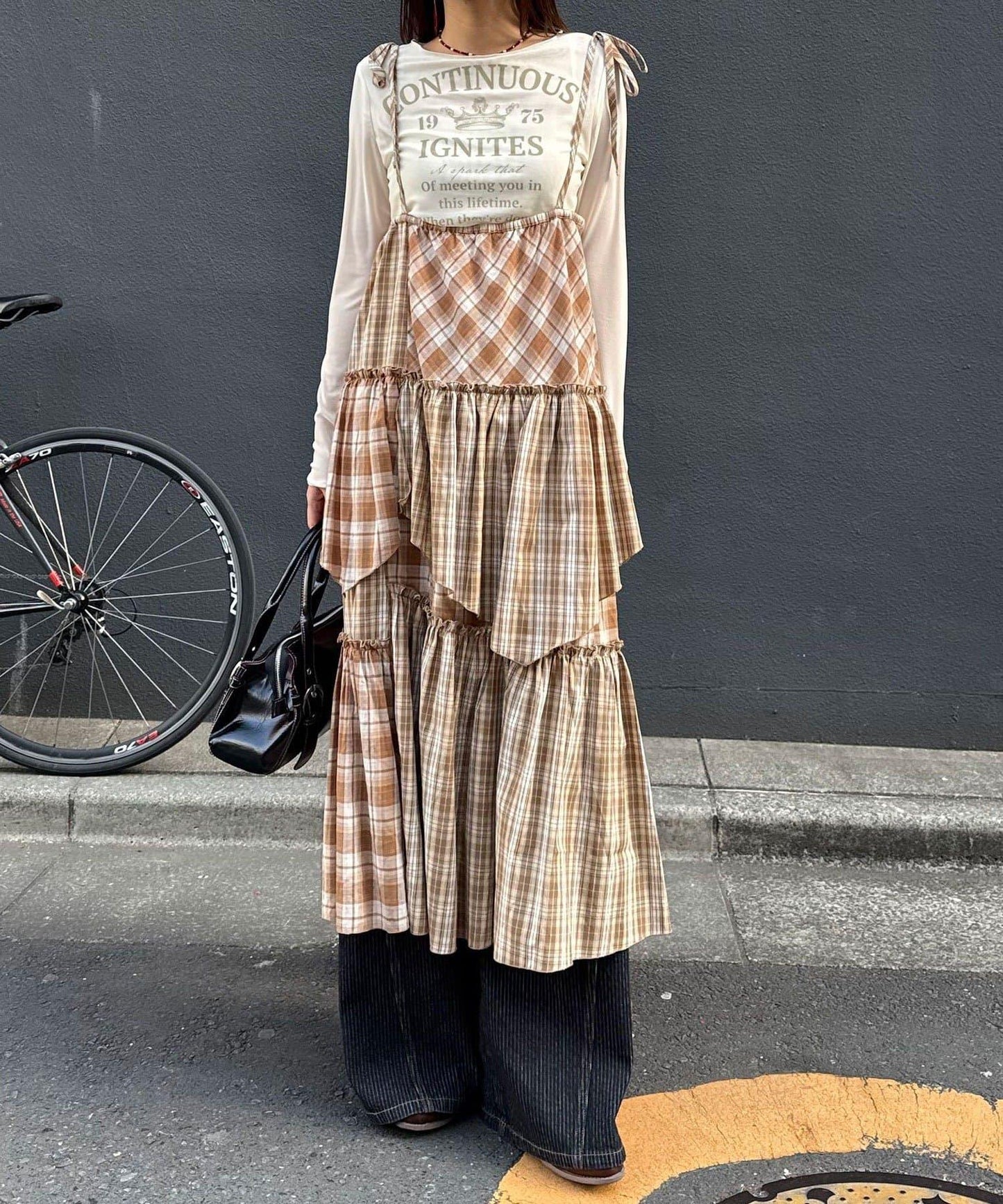 2WAY兩穿 混色格紋 階梯設計 吊帶連衣裙/半身裙