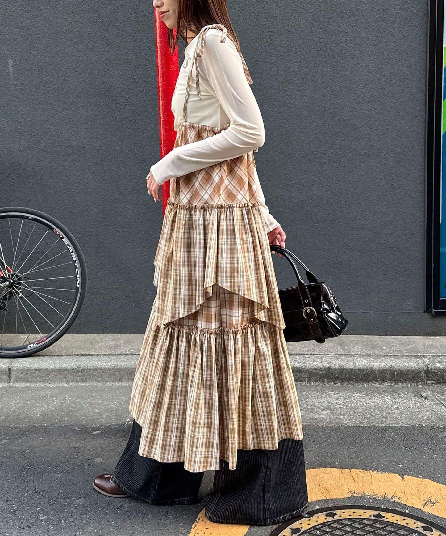 2WAY兩穿 混色格紋 階梯設計 吊帶連衣裙/半身裙