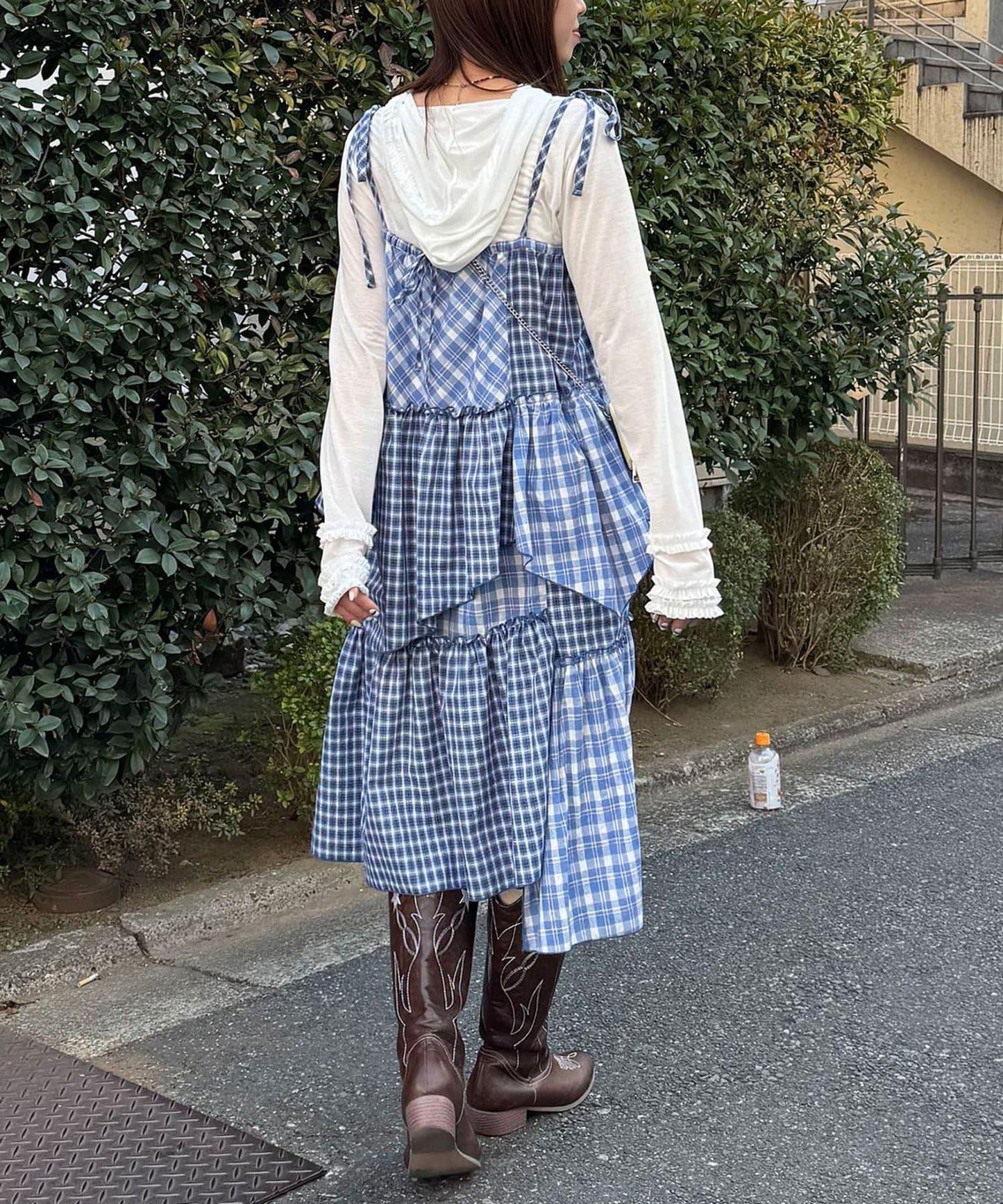 2WAY兩穿 混色格紋 階梯設計 吊帶連衣裙/半身裙