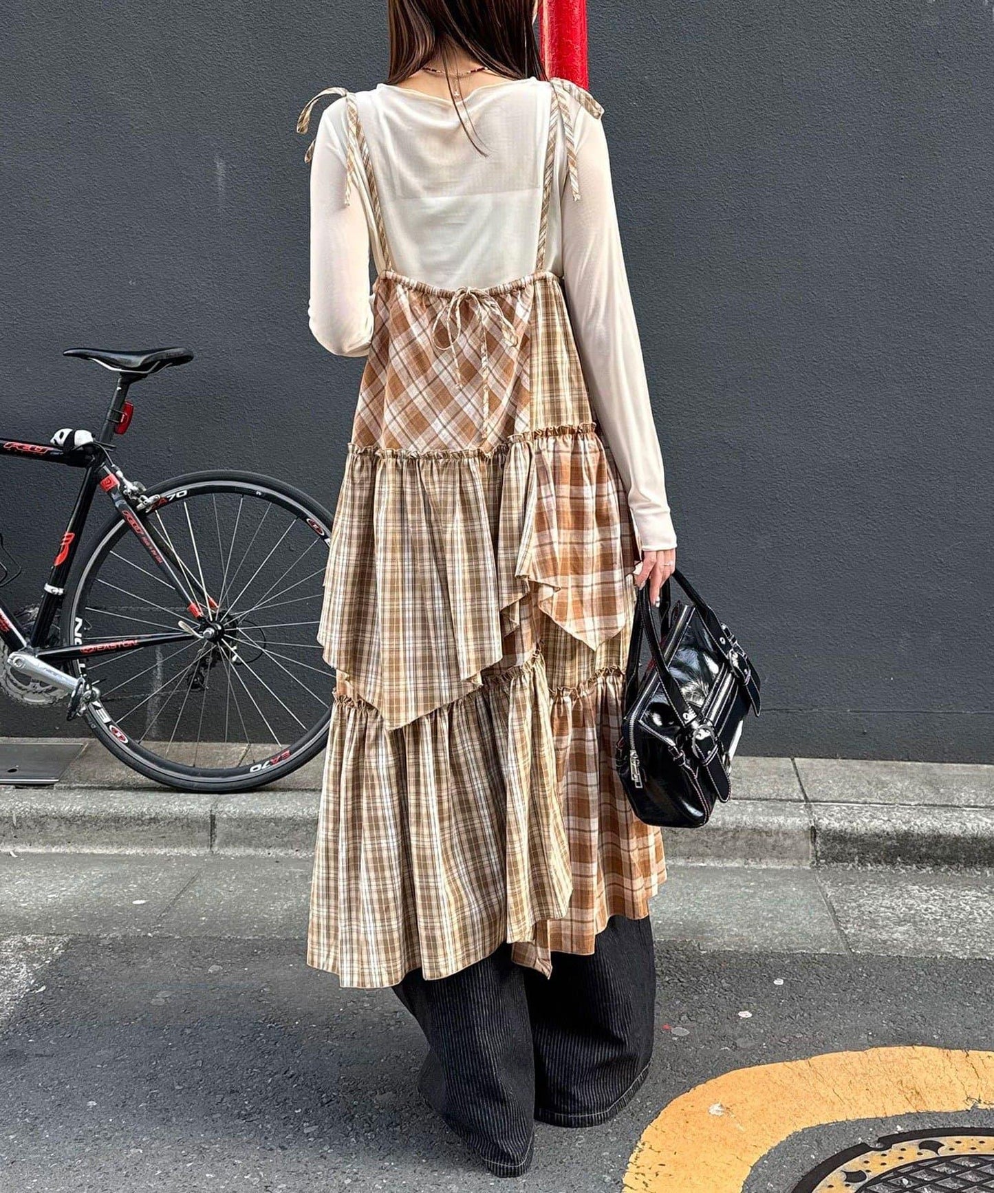 2WAY兩穿 混色格紋 階梯設計 吊帶連衣裙/半身裙