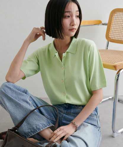 清爽觸感 帶領設計 短袖 針織開衫