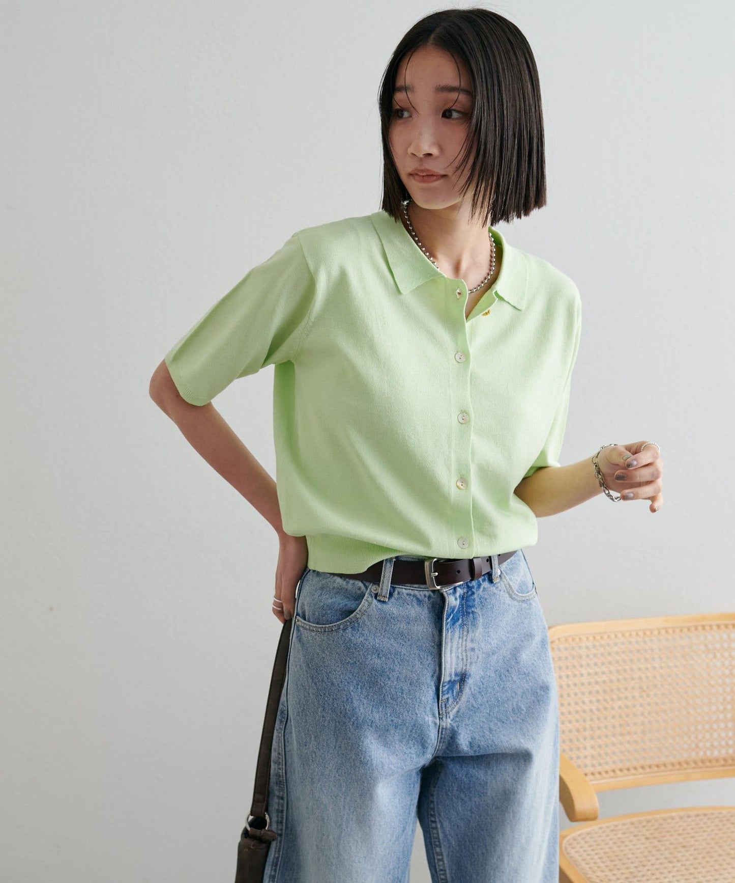 清爽觸感 帶領設計 短袖 針織開衫