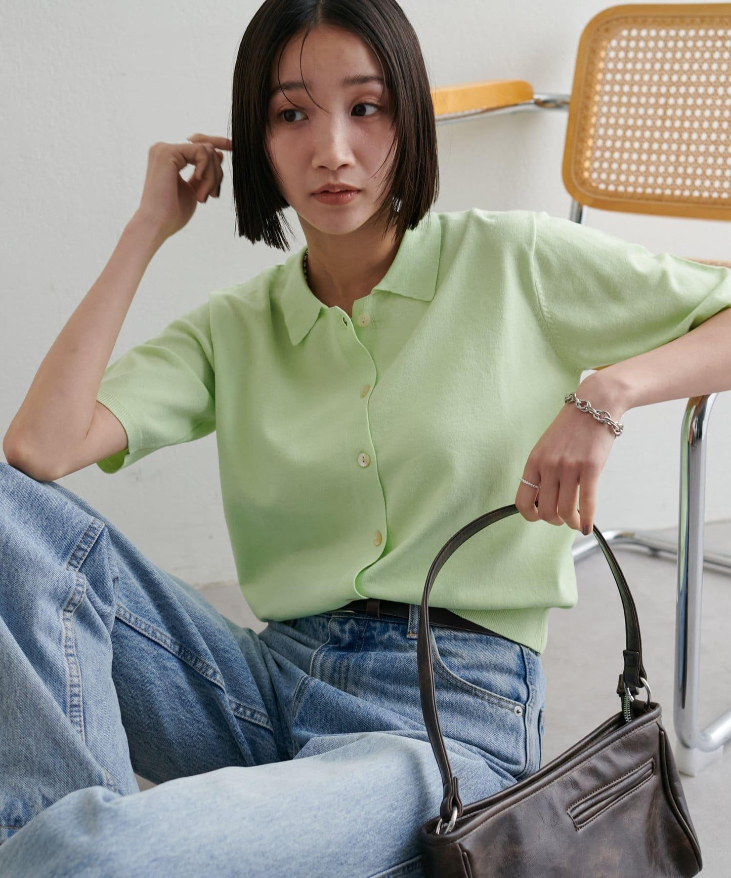 清爽觸感 帶領設計 短袖 針織開衫