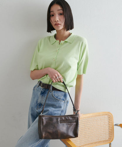 清爽觸感 帶領設計 短袖 針織開衫