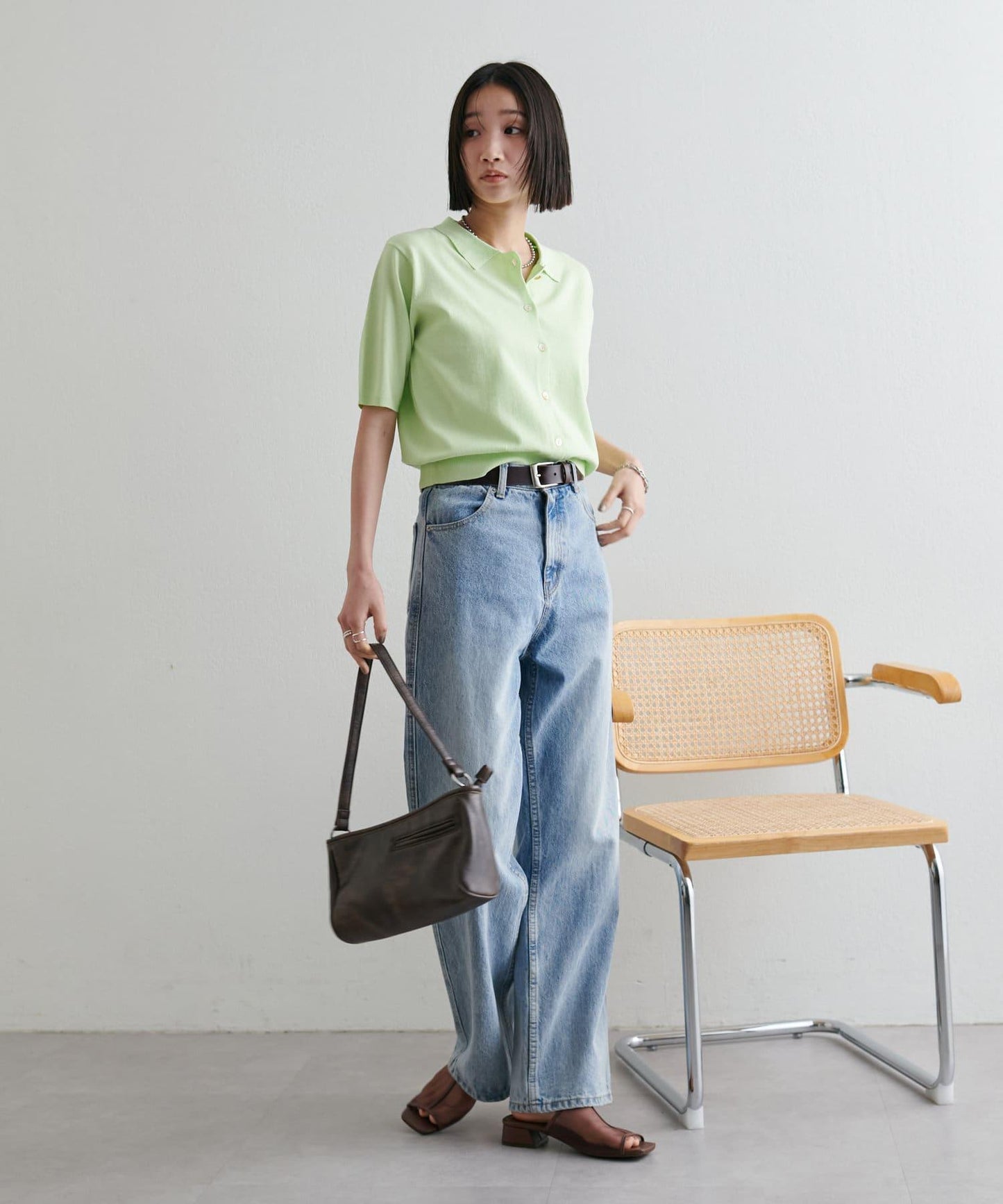 清爽觸感 帶領設計 短袖 針織開衫