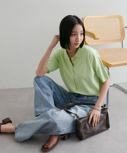清爽觸感 帶領設計 短袖 針織開衫