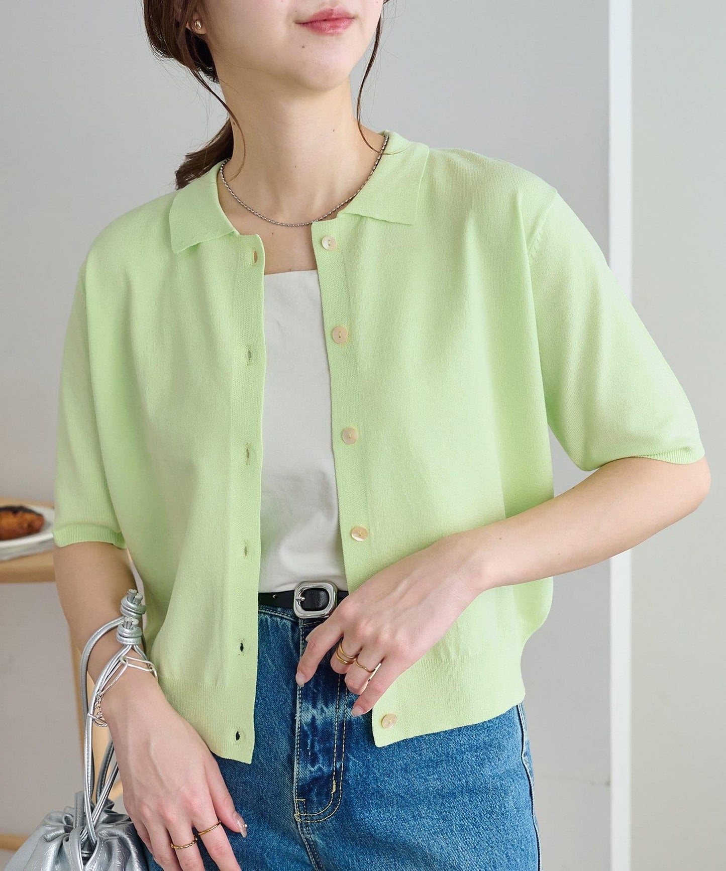 清爽觸感 帶領設計 短袖 針織開衫