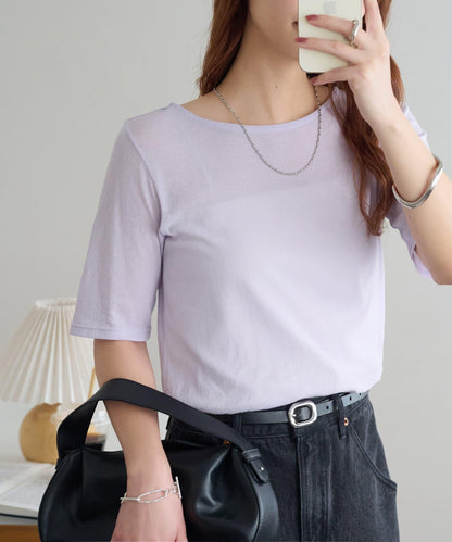 強捻羅紋透紗五分袖上衣