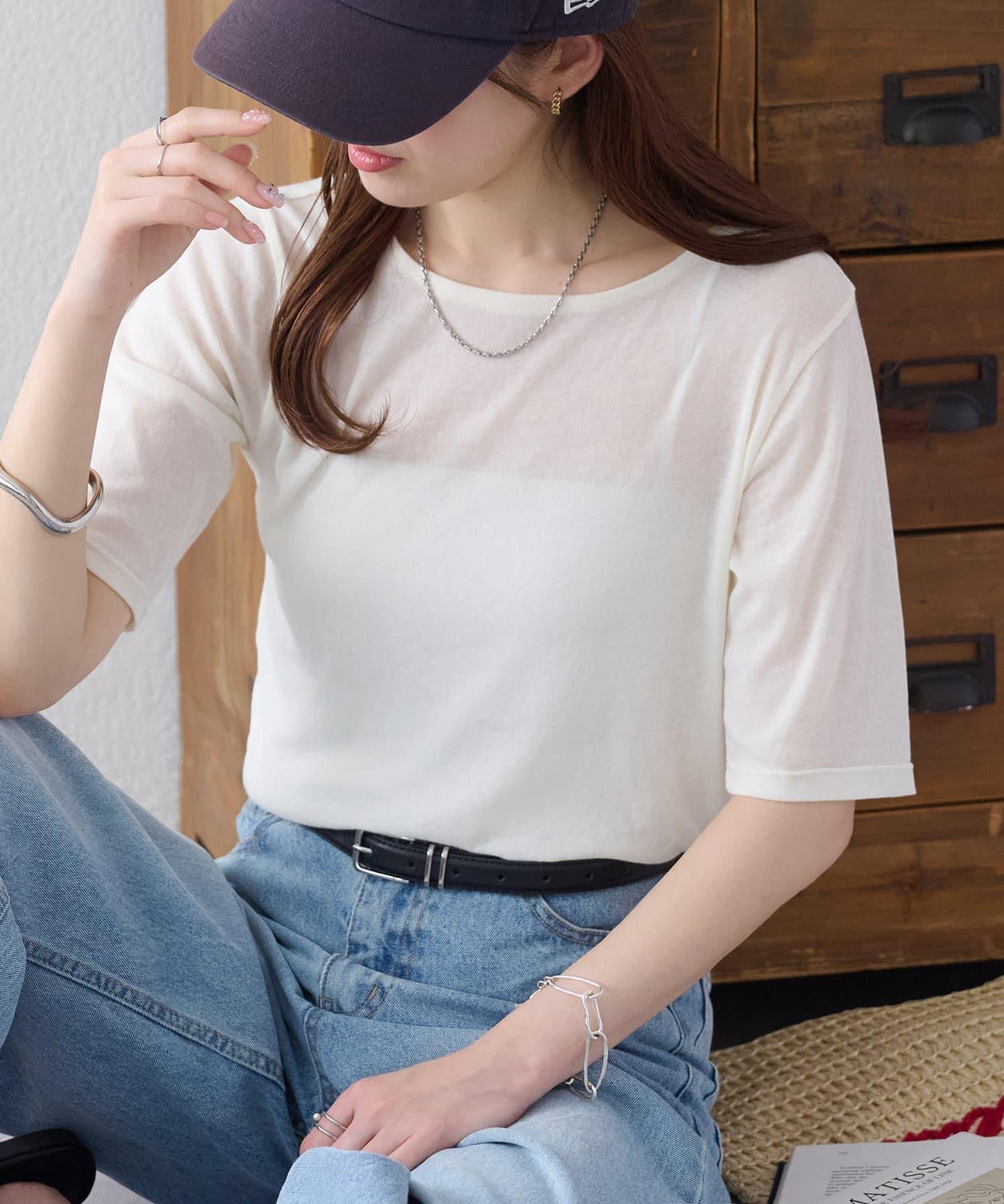 強捻羅紋透紗五分袖上衣