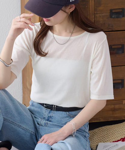 強捻羅紋透紗五分袖上衣