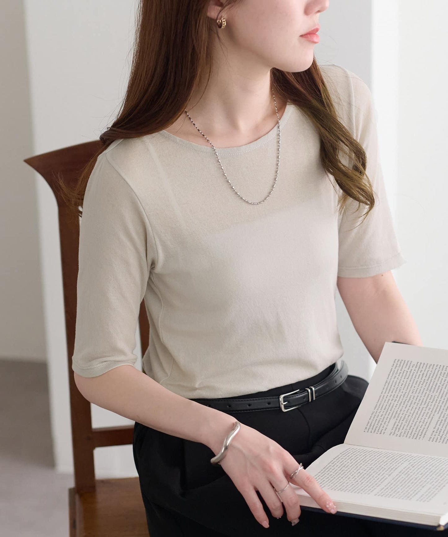 強捻羅紋透紗五分袖上衣